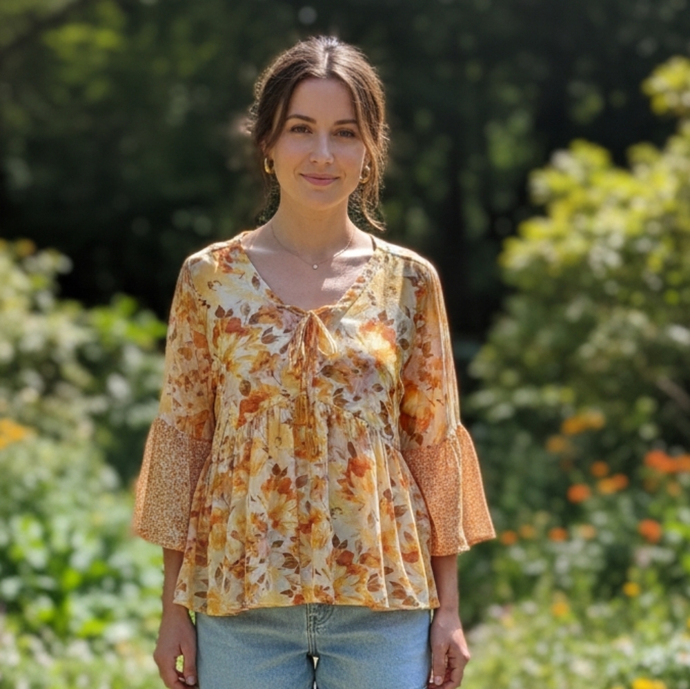 Cato Floral Orange and Yellow Blouse Saze L